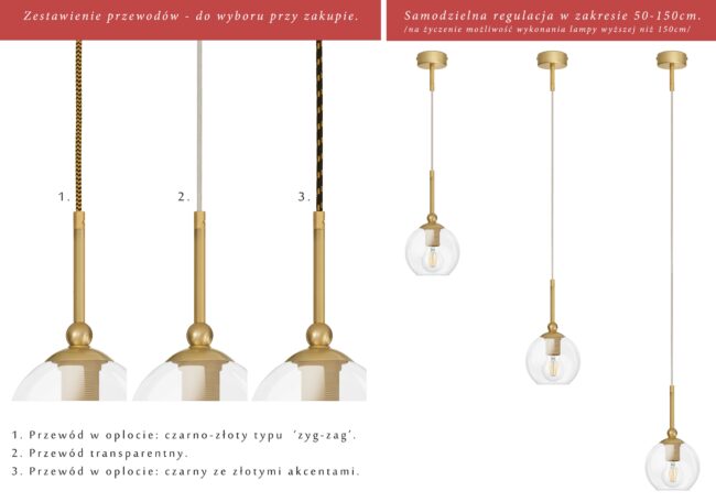 Złota wysoka lampa wisząca na przewodzie KLT-S1G