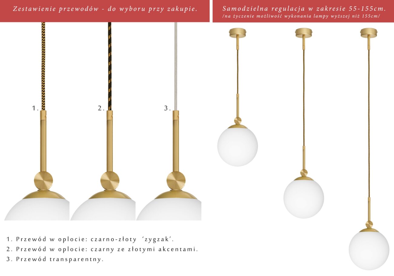 Złota lampa na przewodzie z białą dużą kulą GP-S1GD