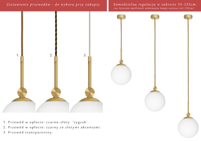 Złota lampa na przewodzie z białą dużą kulą GP-S1GD