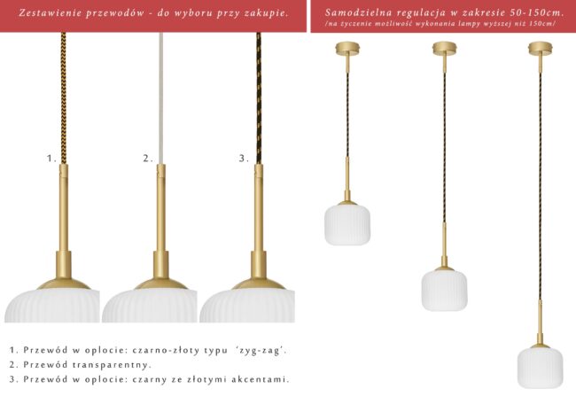 Mosiężna lampa wisząca na przewodzie z ryflowanym kloszem ER-S1G-15